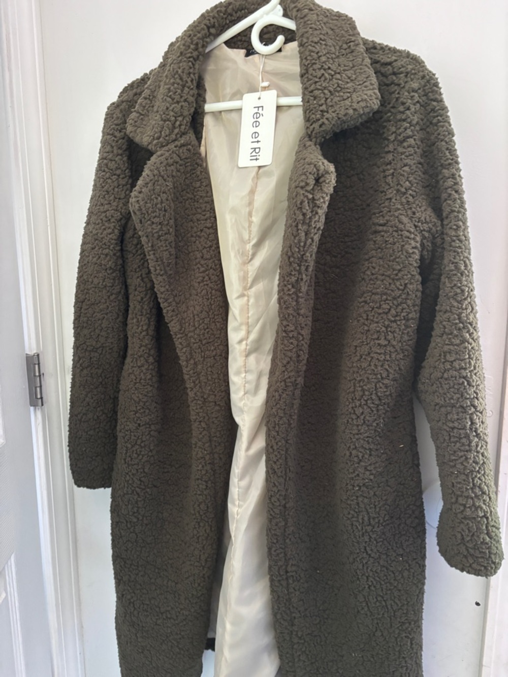 Fee et Rit Olive Teddy Coat - Women's Long Faux Shearling Jacket Size Large